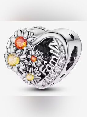 Silver, Orange & Yellow Floral “Family” Heart Charm